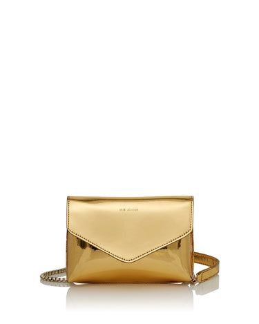 Julian Golden Light Metallic cross body bag with Gold chain and Iris Maree logo on the top front of bag made from environmentally conscious material Kayla Fabric