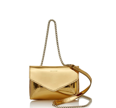  Julian Golden Light Metallic cross body bag with Gold chain and Iris Maree logo on the top front of bag made from environmentally conscious material Kayla Fabric