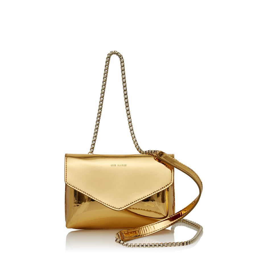  Julian Golden Light Metallic cross body bag with Gold chain and Iris Maree logo on the top front of bag made from environmentally conscious material Kayla Fabric