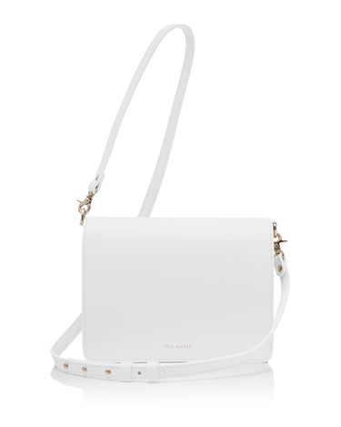  Firefly Daisy white cross-body bag with white strap and gold Iris Maree logo made environmentally conscious material Kayla Fabric