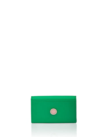 Julian Petit Kelly Green card case with Iris Maree logo on the inside pocket and golden press button