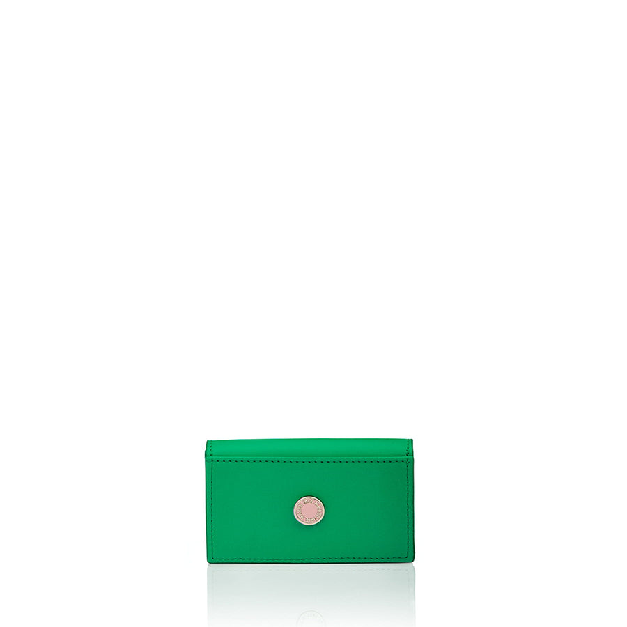 Julian Petit Kelly Green card case with Iris Maree logo on the inside pocket and golden press button