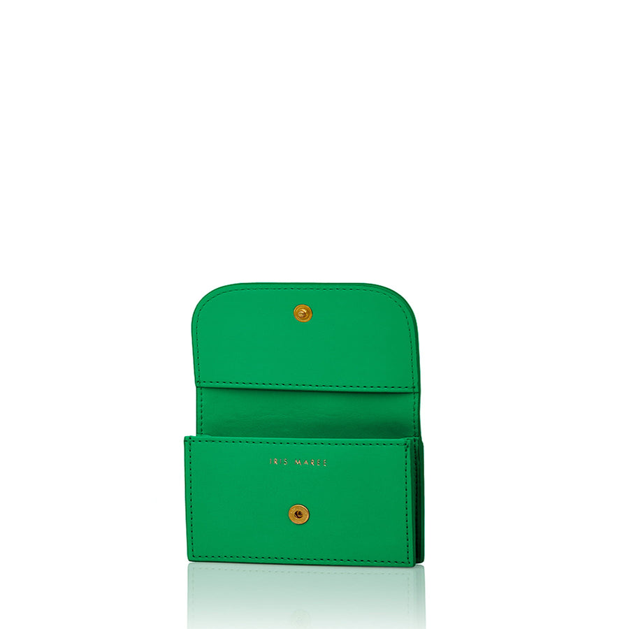 Julian petite Kelly Green with pink and white Iris Maree logo on back side of card case