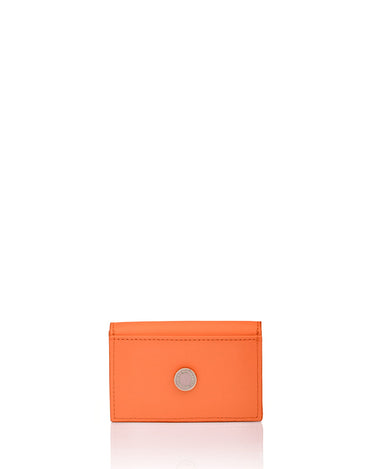 Julian Petit Parrot Orange card case with Iris Maree logo on the inside pocket and golden press button