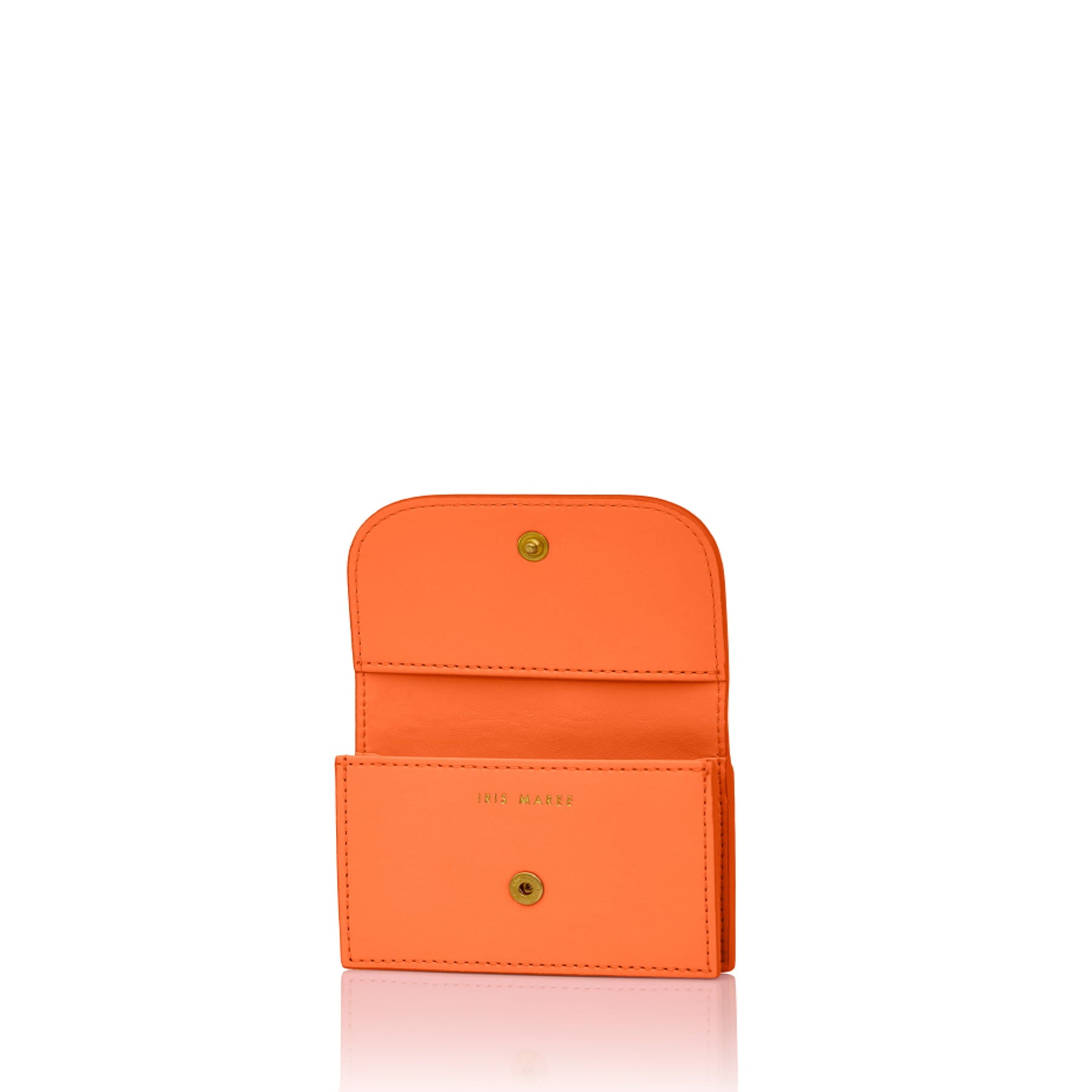 Julian petite Parrot Orange with pink and white Iris Maree logo on back side of card case