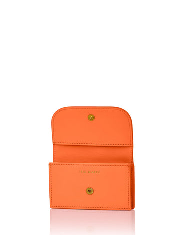 Julian petite Parrot Orange with pink and white Iris Maree logo on back side of card case