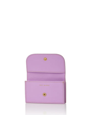 Julian petite Floral Purple with pink and white Iris Maree logo on back side of card case