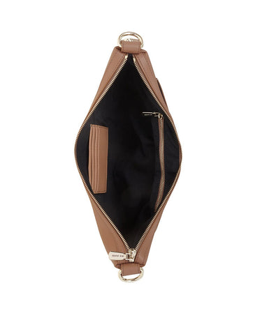Top angle view of Racoon Sandy Brown shoulder bag zipped open with a golden zipper and engraved Iris Maree logo on zipper. with four card holder and inside zipped pocket. Bag includes golden accessories on the side and adjustable strap.