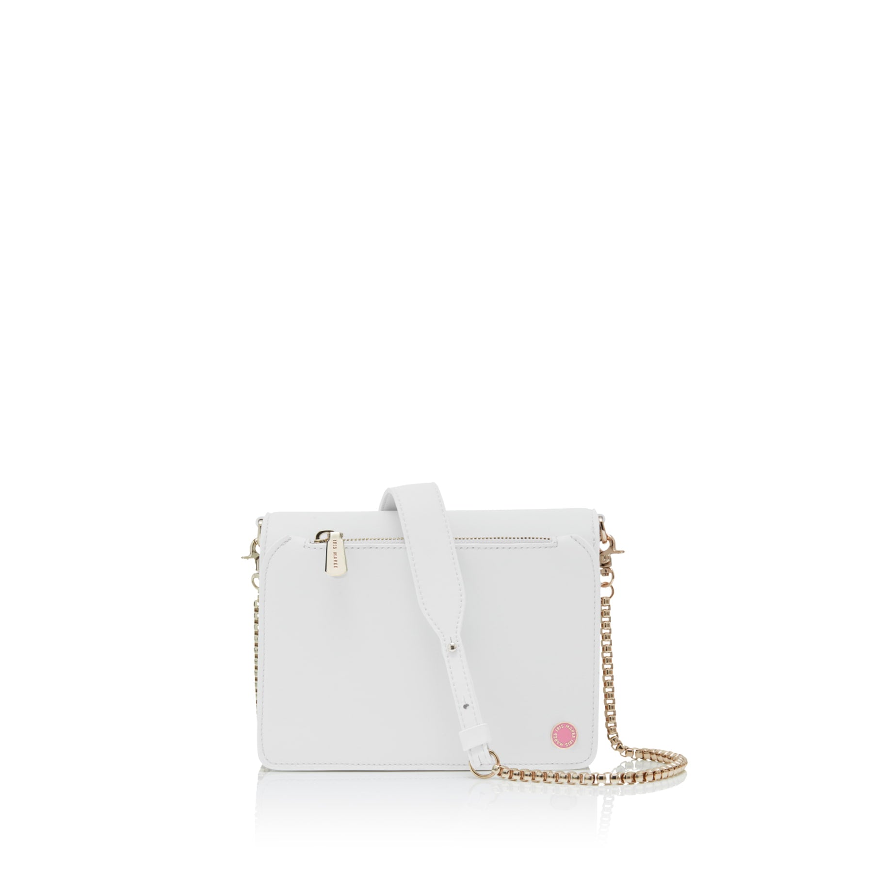 Firefly Daisy white cross-body bag with gold chain and pink and gold Iris Maree logo on back side of the bag made environmentally conscious material Kayla Fabric