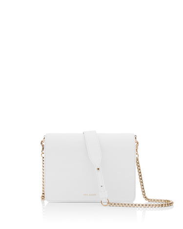 Firefly Daisy white cross-body bag with gold chain and gold Iris Maree logo made environmentally conscious material Kayla Fabric
