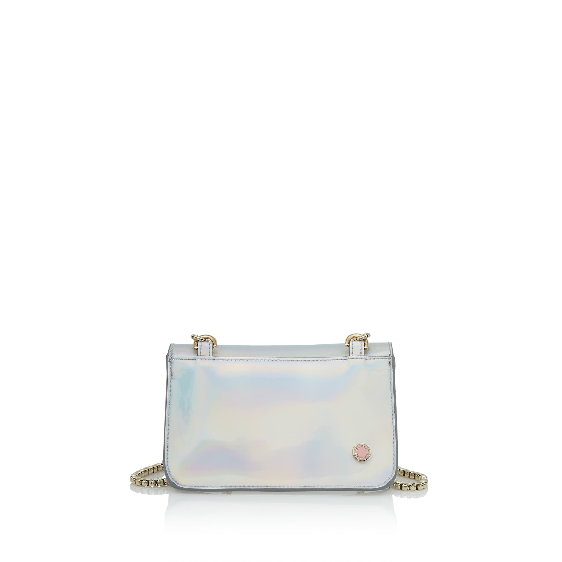 Julian Dew Metallic cross-body bag with gold strap and back zip pocket with gold zipper and the Iris Maree pink and white logo