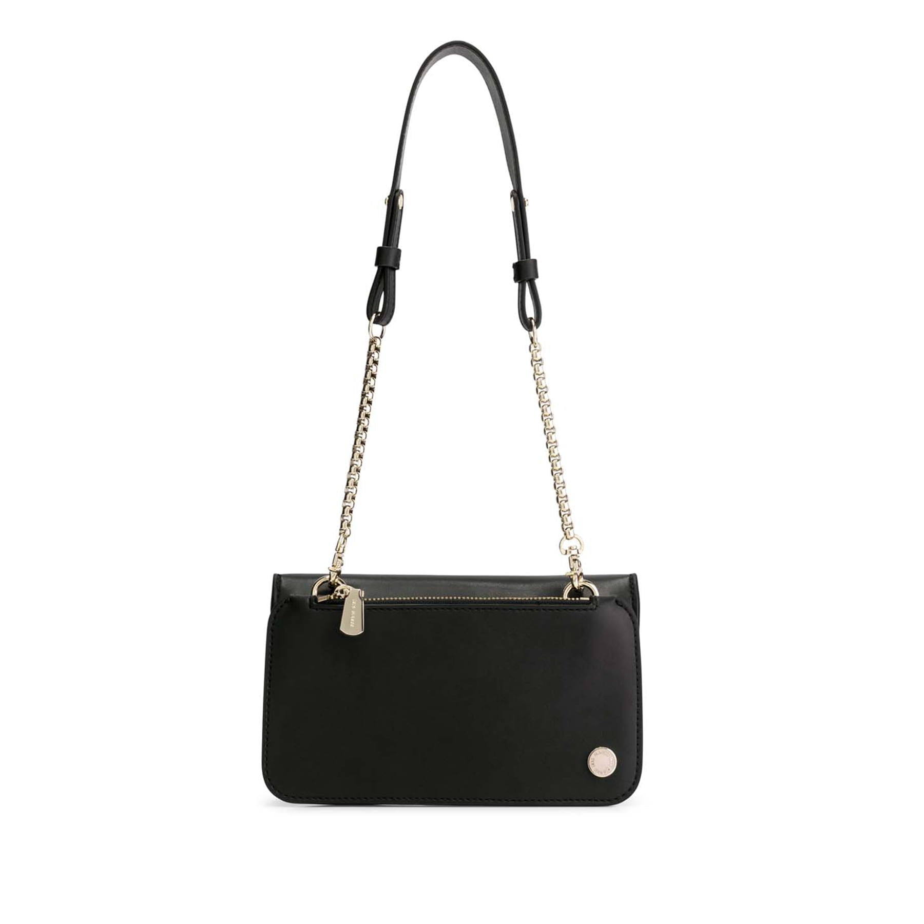 Julian Midnight Black cross-body made from environmentally conscious material Kayla Fabric bag with gold chain and pink and white Iris Maree logo on the bottom right of the back of the bag and golden zip pocket with a golden zipper on the top back of the bag
