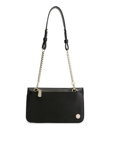 Julian Midnight Black cross-body made from environmentally conscious material Kayla Fabric bag with gold chain and pink and white Iris Maree logo on the bottom right of the back of the bag and golden zip pocket with a golden zipper on the top back of the bag