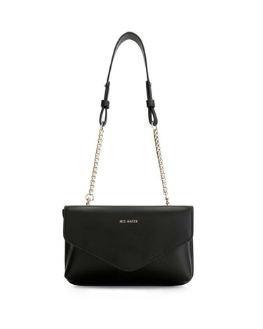 Julian Midnight Black cross body bag with Gold chain and Iris Maree logo on the top front of bag made from environmentally conscious material Kayla Fabric