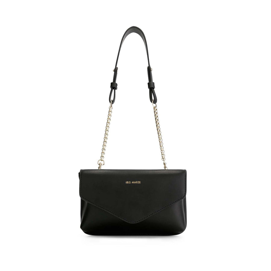 Julian Midnight Black cross body bag with Gold chain and Iris Maree logo on the top front of bag made from environmentally conscious material Kayla Fabric