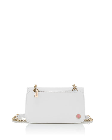 Julian Daisy White cross-body bag with gold strap and back zip pocket with gold zipper and the Iris Maree pink and white logo