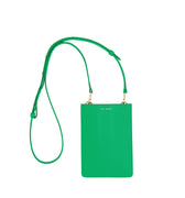 Merry Pouch Kelly Green phone case bag with long cross-body strap and gold accessory clips on bag with gold Iris Maree logo on the front of the bag made from environmentally conscious material Kayla Fabric