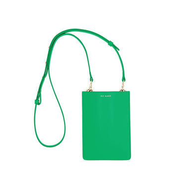 Merry Pouch Kelly Green phone case bag with long cross-body strap and gold accessory clips on bag with gold Iris Maree logo on the front of the bag made from environmentally conscious material Kayla Fabric