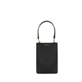 Merry Pouch Midnight Black phone case bag with short top-handle strap and gold accessory clips on bag with gold Iris Maree logo on the front of the bag made from environmentally conscious material Kayla Fabric