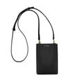 Merry Pouch Midnight Black phone case bag with long cross-body strap and gold accessory clips on bag with gold Iris Maree logo on the front of the bag made from environmentally conscious material Kayla Fabric