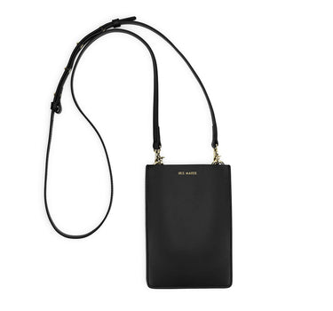 Merry Pouch Midnight Black phone case bag with long cross-body strap and gold accessory clips on bag with gold Iris Maree logo on the front of the bag made from environmentally conscious material Kayla Fabric