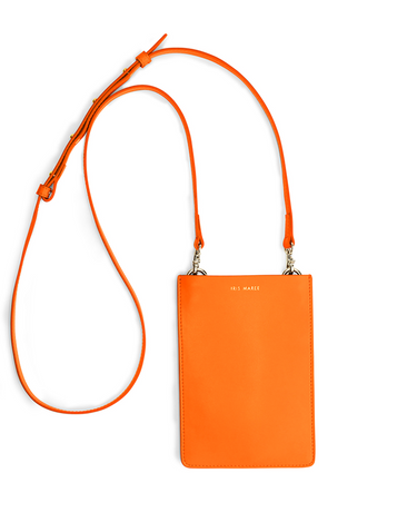 Merry Pouch Parrot Orange phone case bag with long cross-body strap and gold accessory clips on bag with gold Iris Maree logo on the front of the bag made from environmentally conscious material Kayla Fabric