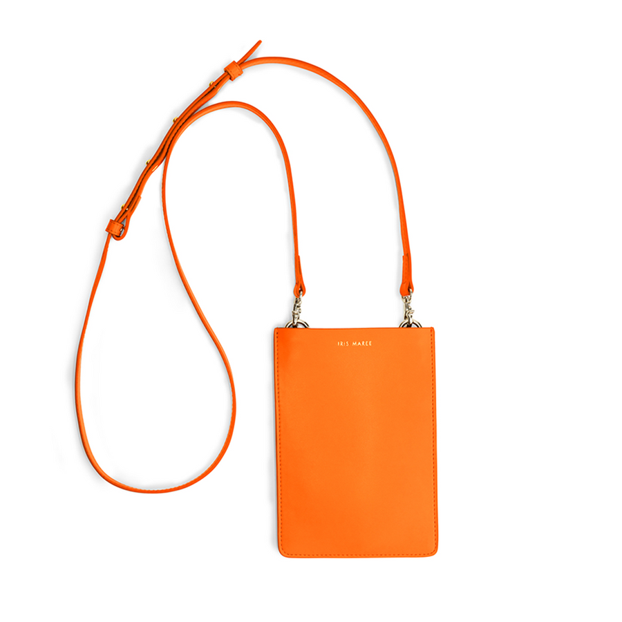 Merry Pouch Parrot Orange phone case bag with long cross-body strap and gold accessory clips on bag with gold Iris Maree logo on the front of the bag made from environmentally conscious material Kayla Fabric