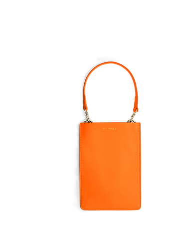 Merry Pouch Parrot Orange phone case bag with short top-handle strap and gold accessory clips on bag with gold Iris Maree logo on the front of the bag made from environmentally conscious material Kayla Fabric