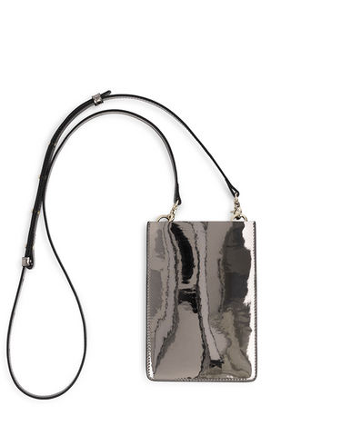 Merry Pouch warm silver metallic phone case bag with long cross-body strap and gold accessory clips on bag with gold Iris Maree logo on the front of the bag made from environmentally conscious material Kayla Fabric