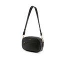 Poppy in Midnight Black with removable black strap with gold clips and gold accessories with front zipper compartment with gold zipper and gold Iris Maree logo on the front of the bag made from environmentally conscious material Kayla Fabric