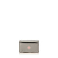 Julian petite warm silver metallic with pink and white Iris Maree logo on back side of card case