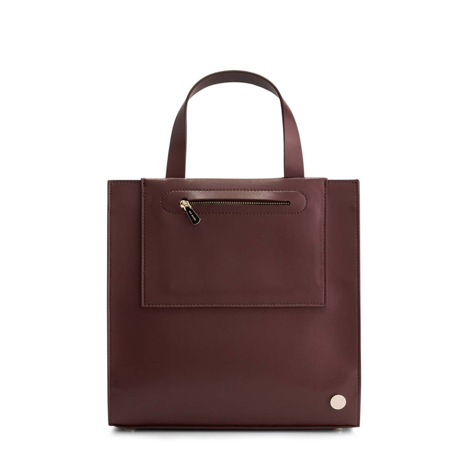 Jude Mini Tote in Lily Maroon Burgundy with top-handle the back of the bag has a pink and white Iris Maree logo on the bottom of the bag and on the top area of the bag there is one gold zip pocket with a gold zipper made from environmentally conscious material Kayla Fabric