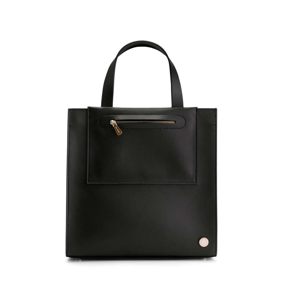  Jude Mini Tote in Midnight Black with top-handle the back of the bag has a pink and white Iris Maree logo on the bottom of the bag and on the top area of the bag there is one gold zip pocket with a gold zipper made from environmentally conscious material Kayla Fabric