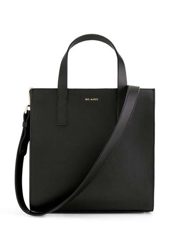 Jude Mini Tote in Midnight Black with gold Iris Maree on the front of the bag with two straps, a top-handle strap and a detachable cross-body strap with gold detachable hooks made from environmentally conscious material Kayla Fabric