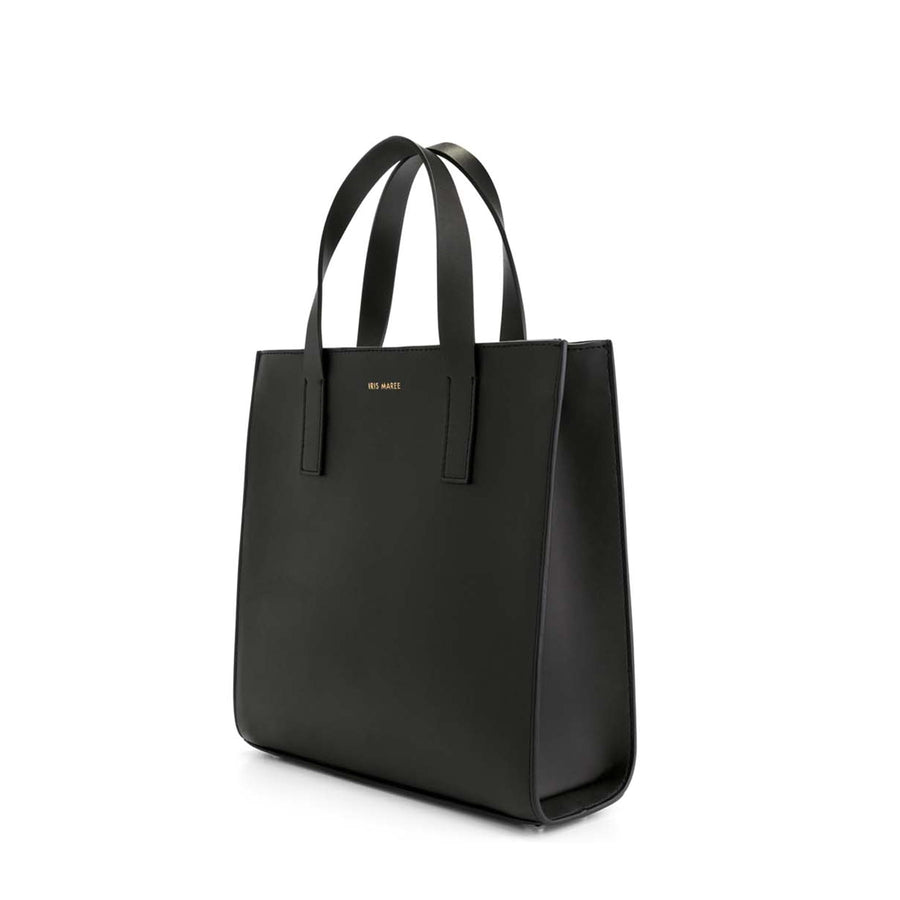  Jude Mini Tote Bag in Midnight Black with top-handle and a gold Iris Maree logo on the front of the bag made from environmentally conscious material Kayla Fabric
