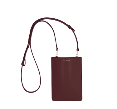 Merry Pouch Lily Maroon phone case bag with long cross-body strap and gold accessory clips on bag with gold Iris Maree logo on the front of the bag made from environmentally conscious material Kayla Fabric